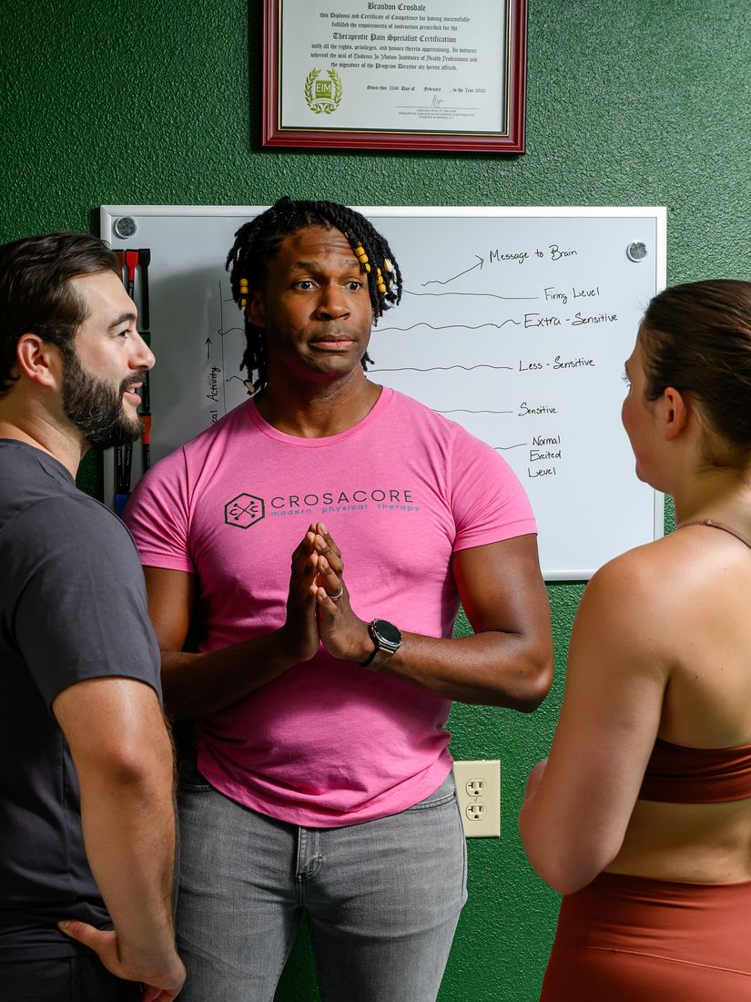 Brandon at the whiteboard, teaching two clients how pain sensitivity changes over time